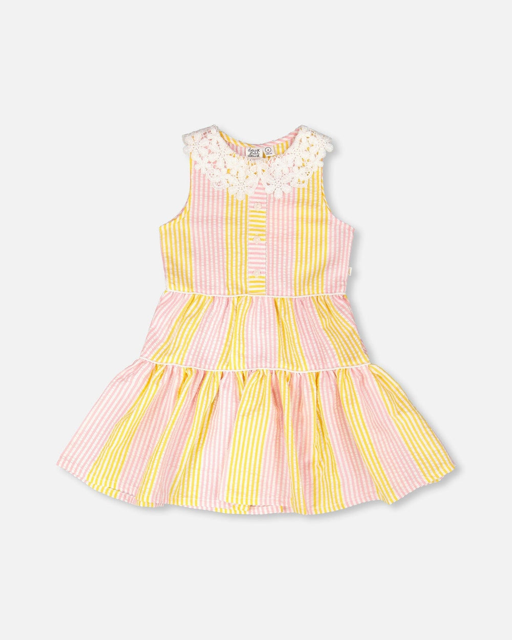 Robe sans manches à col Claudine au crochet rayé rose et jaune