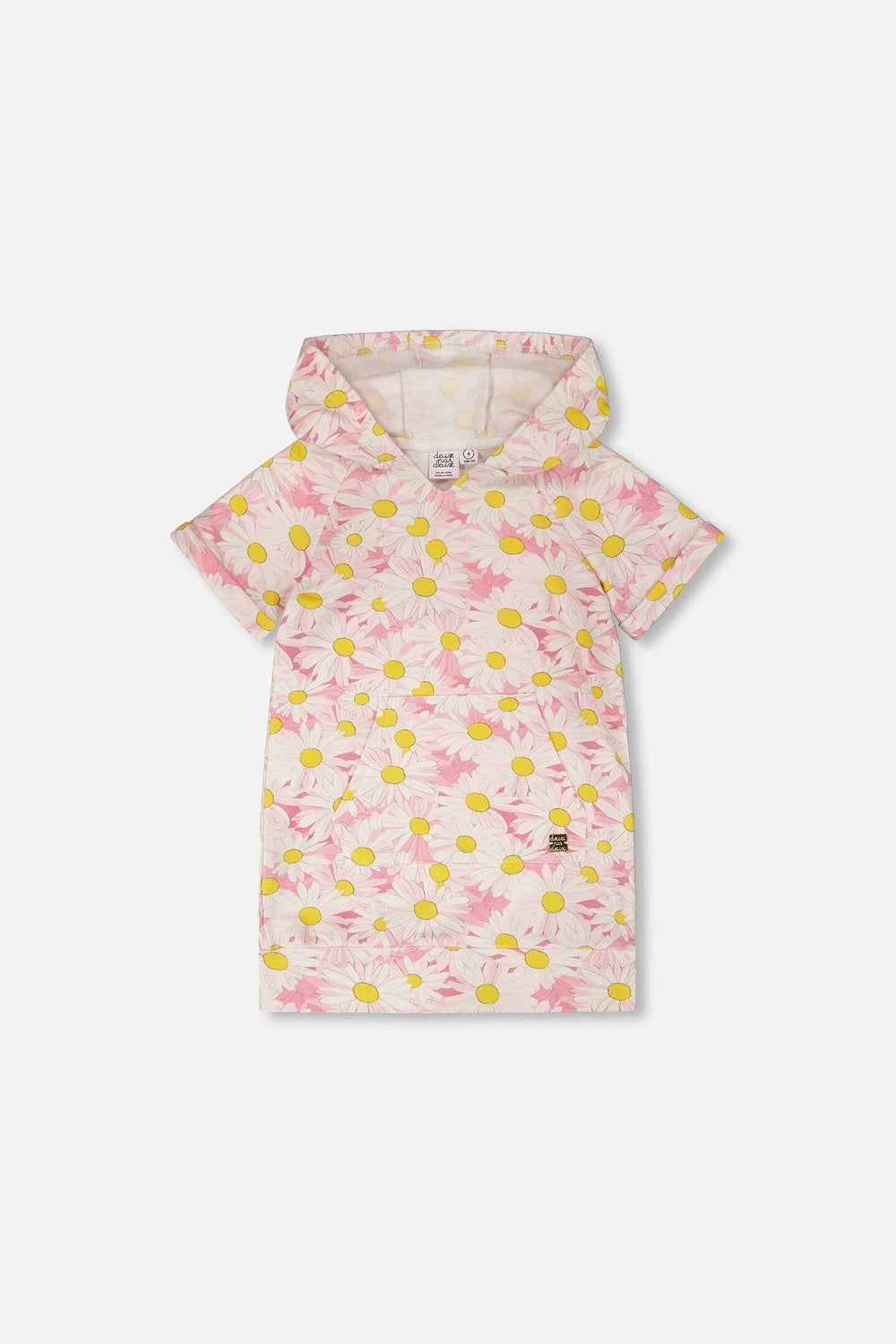 French Terry Hooded Dress Pink Printed Daisies
