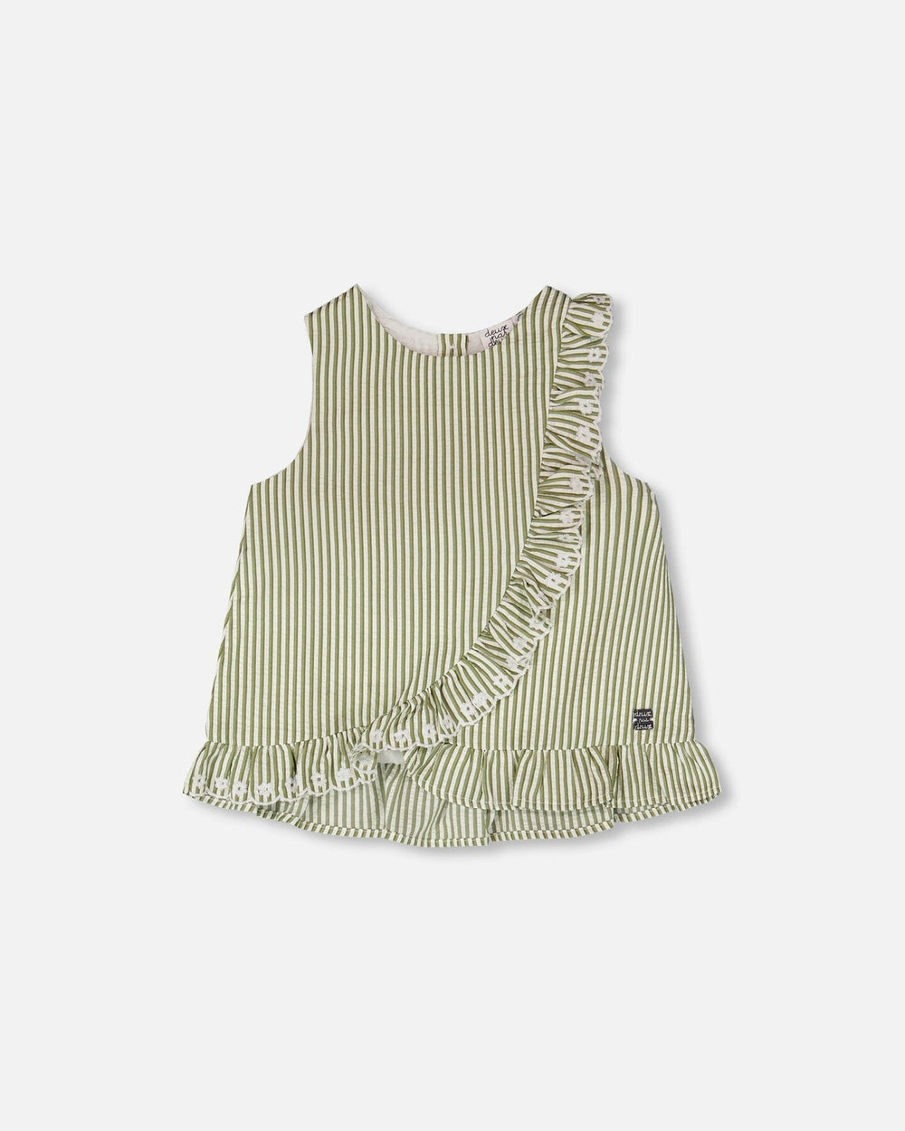 Top Green & Off White Stripes With Embroidered Ruffle