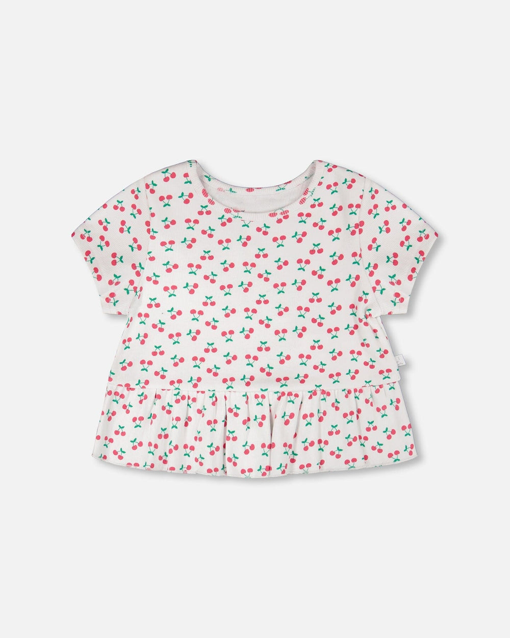 Rib Crop T-Shirt With Frill White Printed Cheeries
