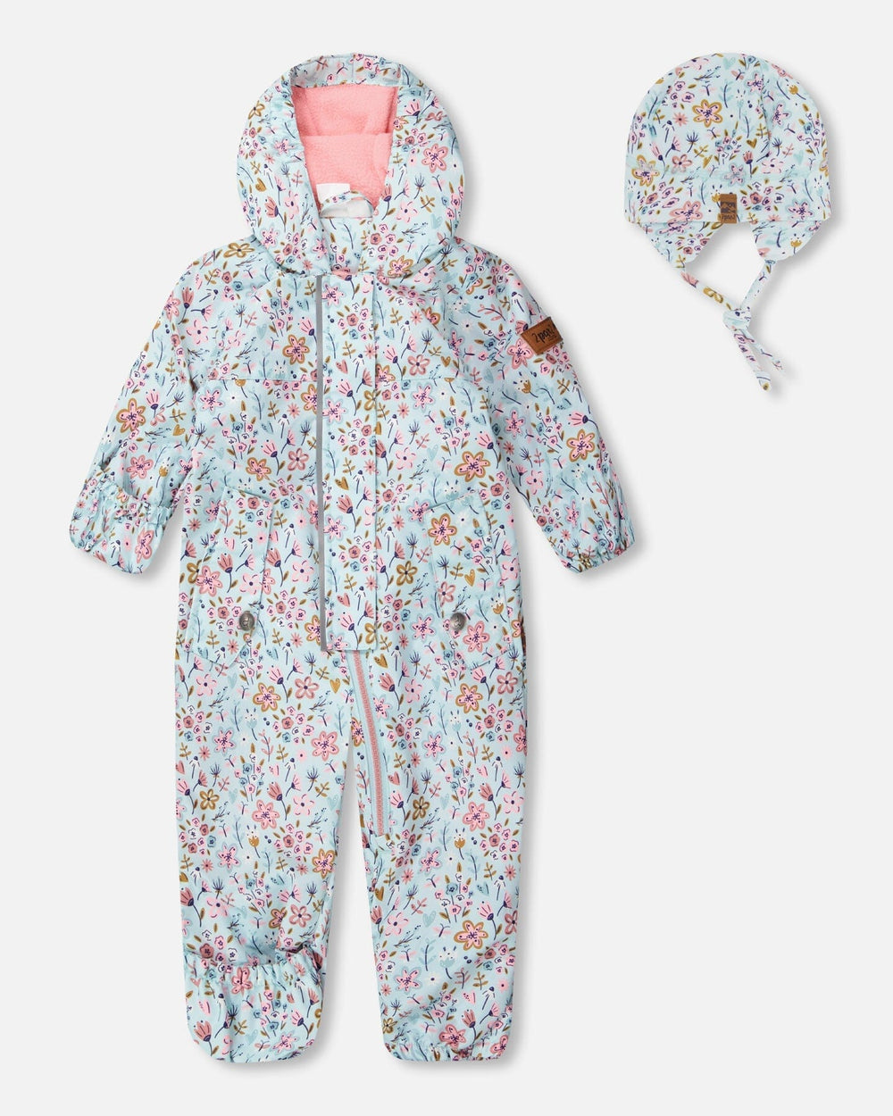 Barboteuse une pièce mi-saison avec chapeau et imprimé petites fleurs bleues pour bébé