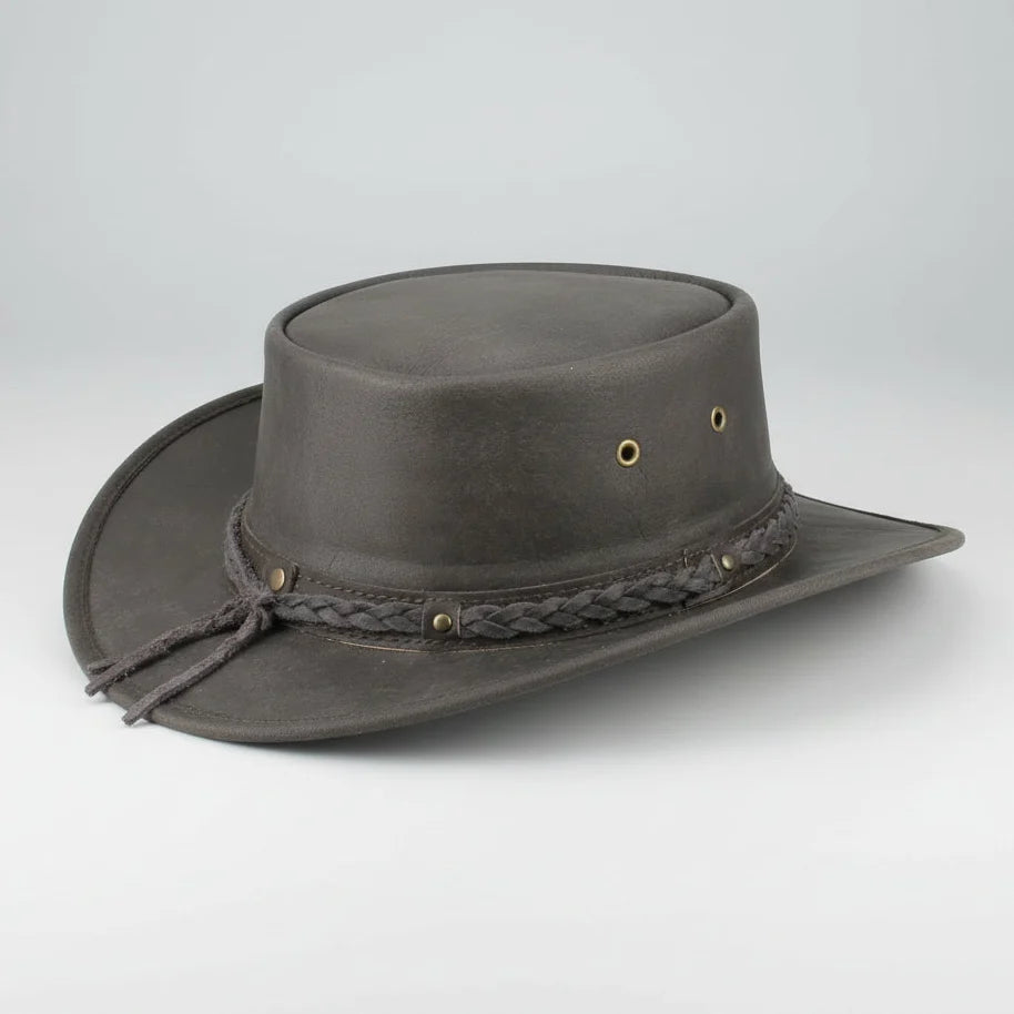 Chapeau Cowboy en Cuir à Bord Plat. Chapeau Western Haut de Gamme avec Bande Tressée à Clous