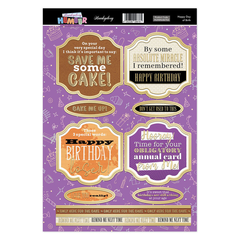 Hunkydory Humour Feuille de toppers - Joyeux anniversaire