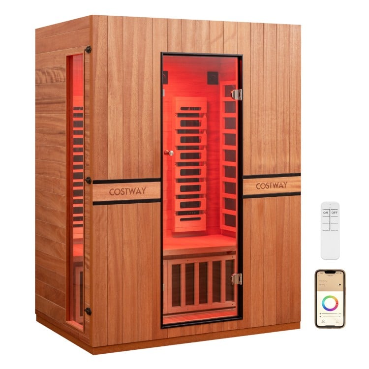 Costway 2026 Premium Series - Sauna infrarouge 3 personnes à spectre complet — Bois d'Okoumé • Commande par application • Lumière rouge • Chromothérapie, entièrement équipée avec chauffage 3D