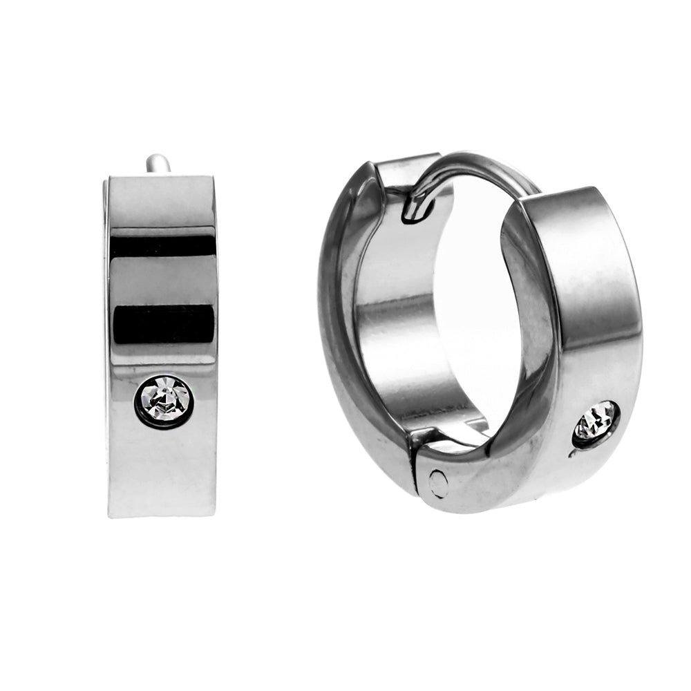 Boucles d'oreilles créoles mini larges INIS avec une gemme de zircone solitaire en argent