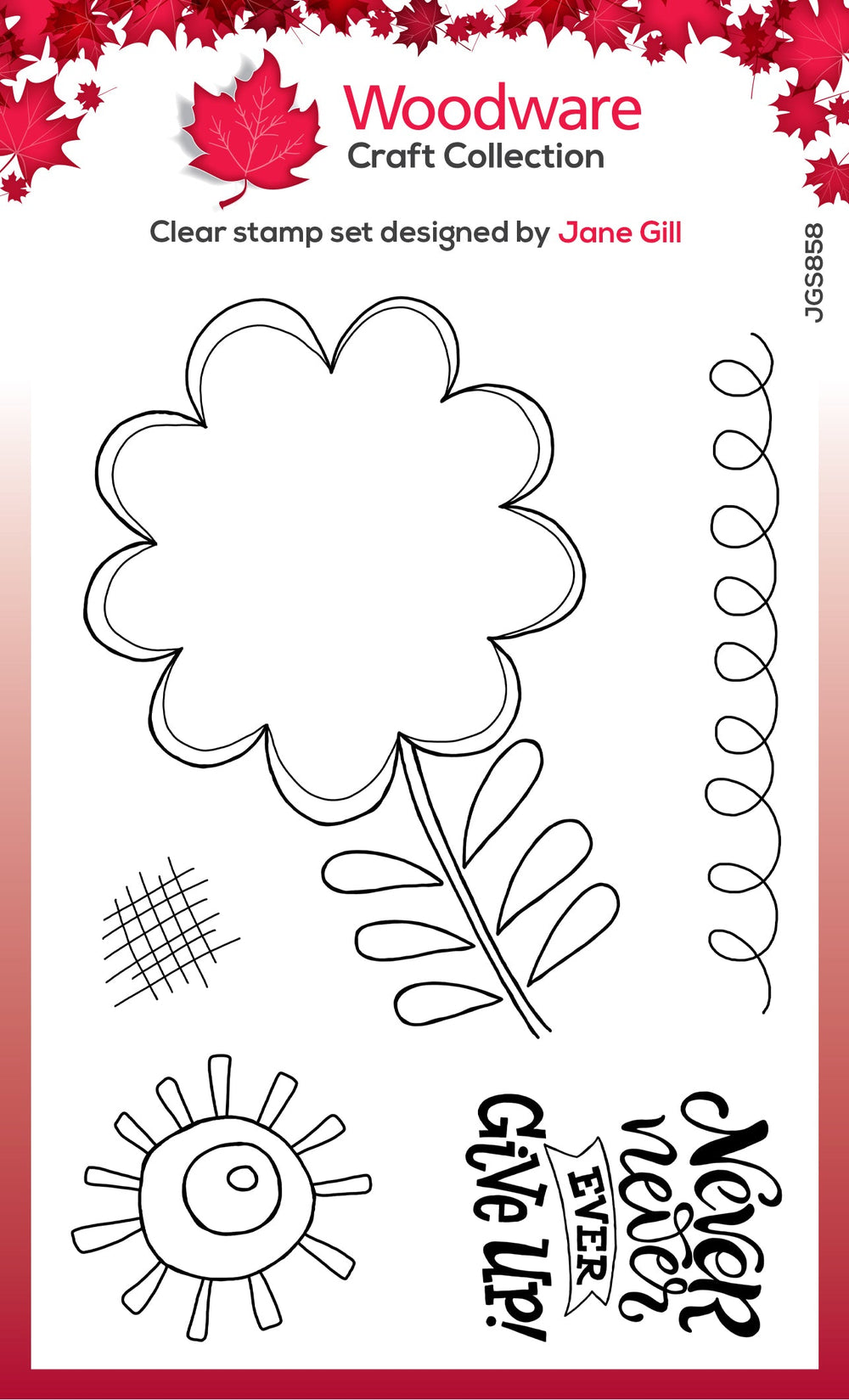 Woodware Clear Singles Petal Doodles Never Give Up Lot de tampons 4 po x 6 po