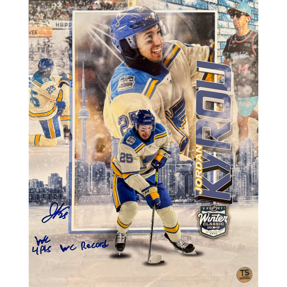 Jordan Kyrou - Photo 11x14 Autographiée des St. Louis Blues du Winter Classic 2022, avec l'inscription « 4Pts WC Record » *Tel Quel*