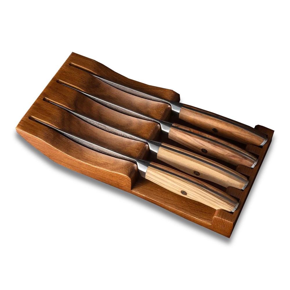 Ginza Steel AMELIA Five – Ensemble de 4 couteaux à steak en acier Damas VG10 avec bloc en bois