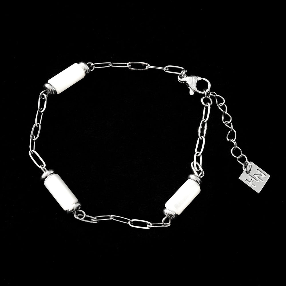 Bracelet à maillons mini trombone LAGUNA Argent (Or blanc) : avec perles naturelles de nacre coupées en cylindre
