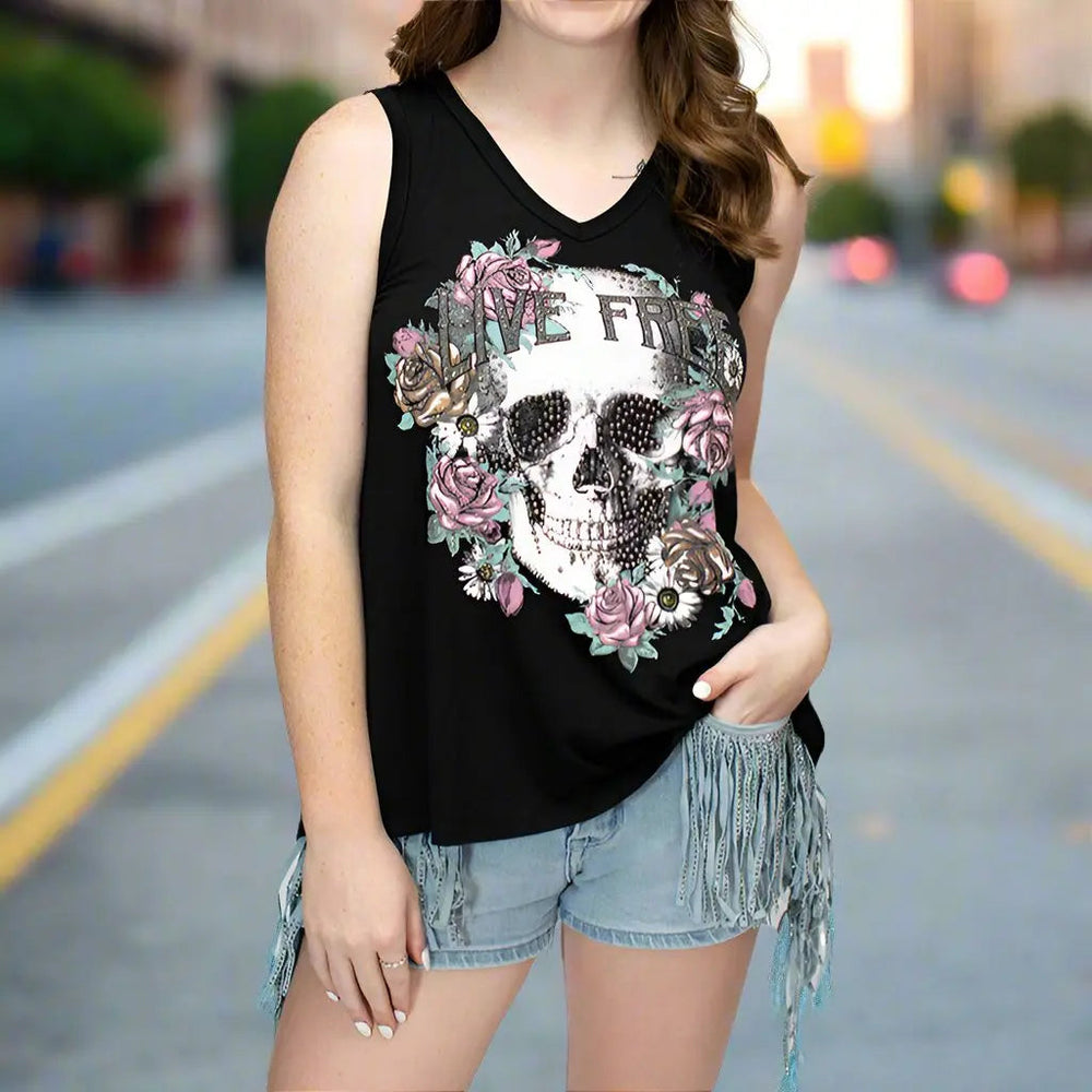 Live Free Skull & Floral Print Tank with Lace and Cut-Out Back Details — Boutique of Leathers/Open Road
