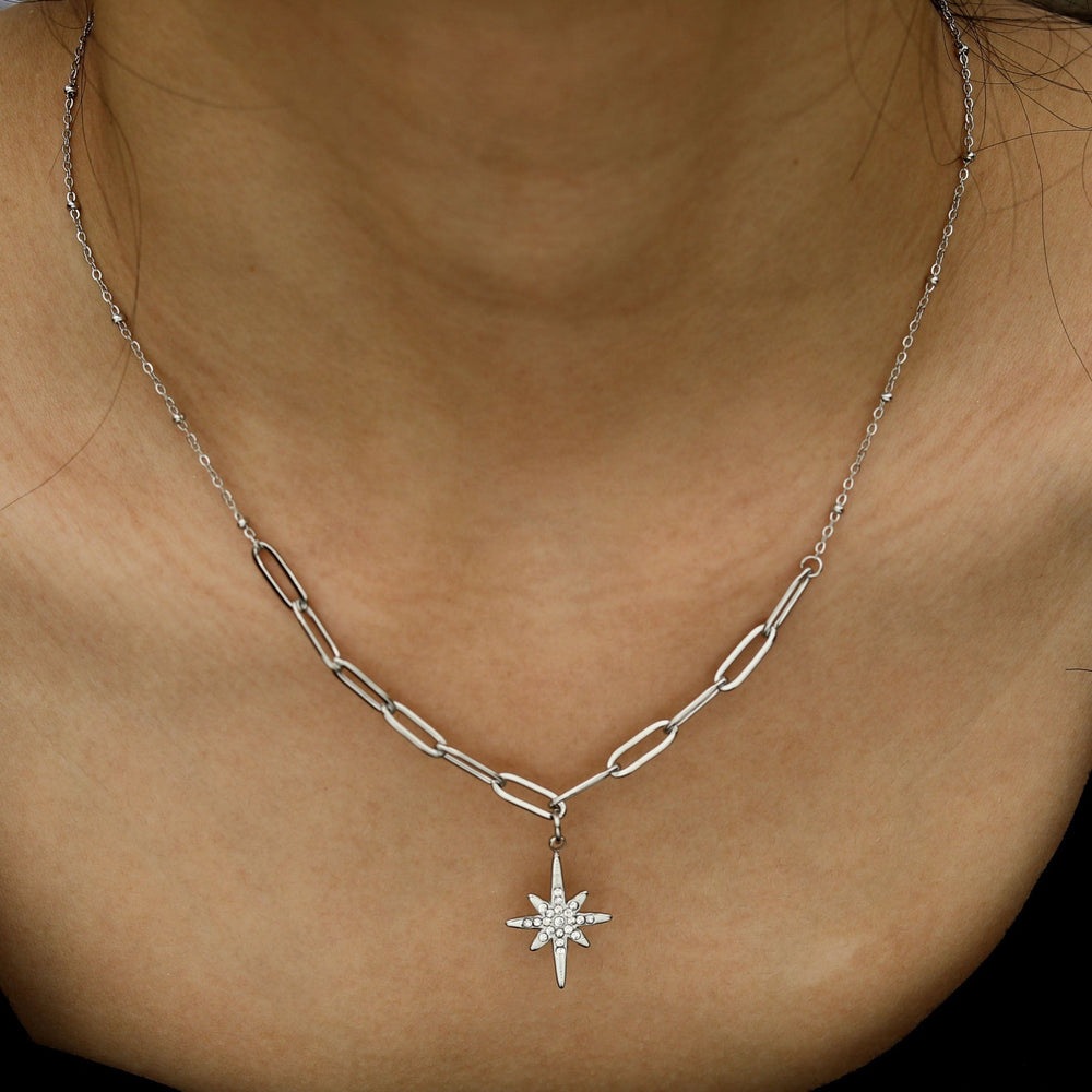 MALVINA Collier à chaîne mixte argent avec étoile ornée de zirconiums