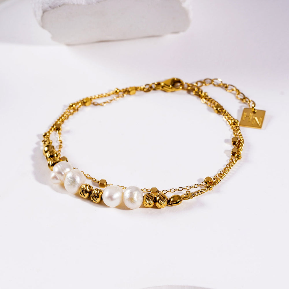 MARENTA Or : Bracelet Chaîne Harmonie Dorée avec Perles d'Or et Perles d'Eau Douce