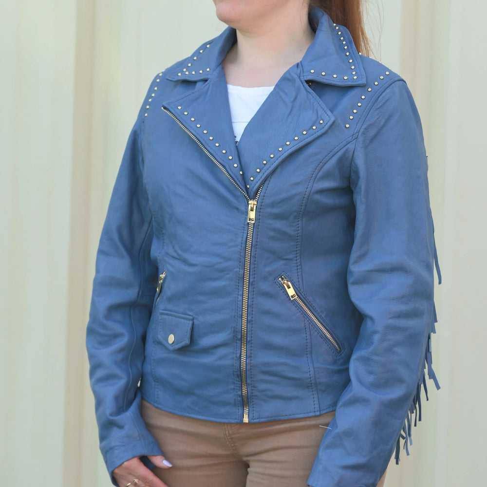 Blouson en cuir clouté pour femme avec franges amovibles