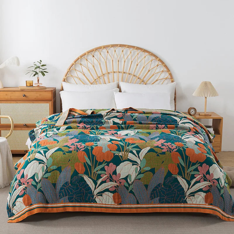 Couverture/Jeté Bohème en Coton - Jardin Sauvage - Turquoise/Orange