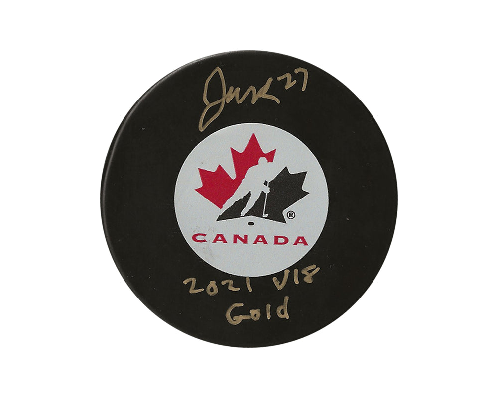 Palet de hockey autographié par Jack Matier, modèle Autograph Team Canada, avec l'inscription « 2021 U18 Gold »