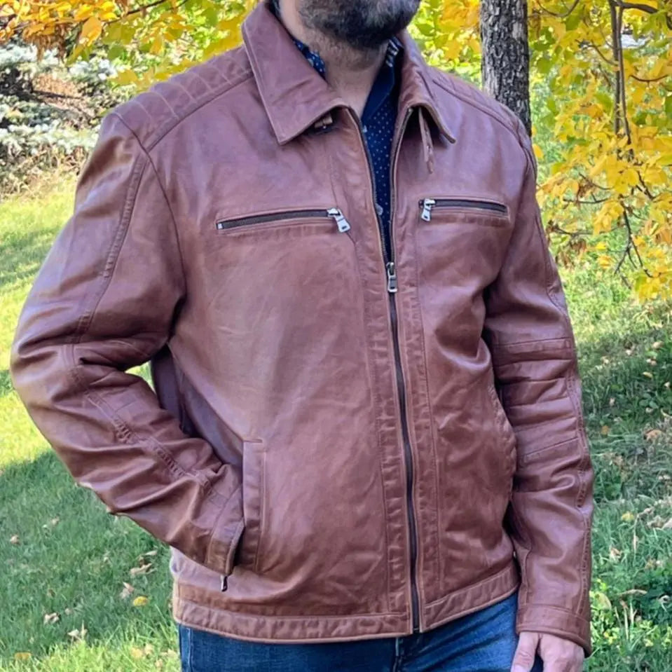 Blouson classique quatre poches en cuir d'agneau pour homme