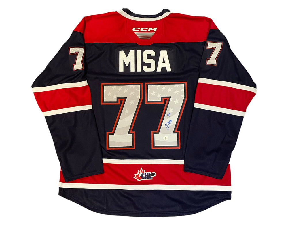 Maillot réplique CCM bleu de hockey des Saginaw Spirit, autographié par Michael Misa
