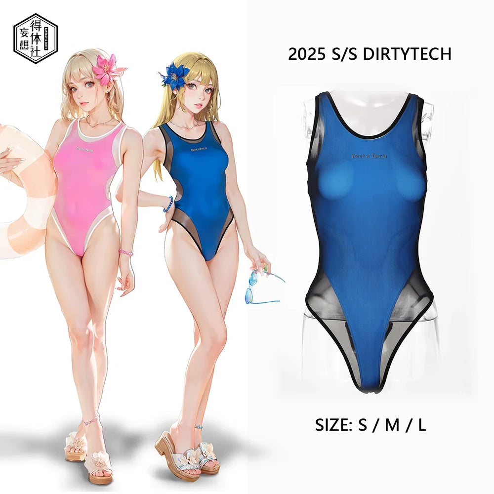 Maillot de bain une pièce style anime tropical avec superposition en filet transparent – Vêtement de plage estival