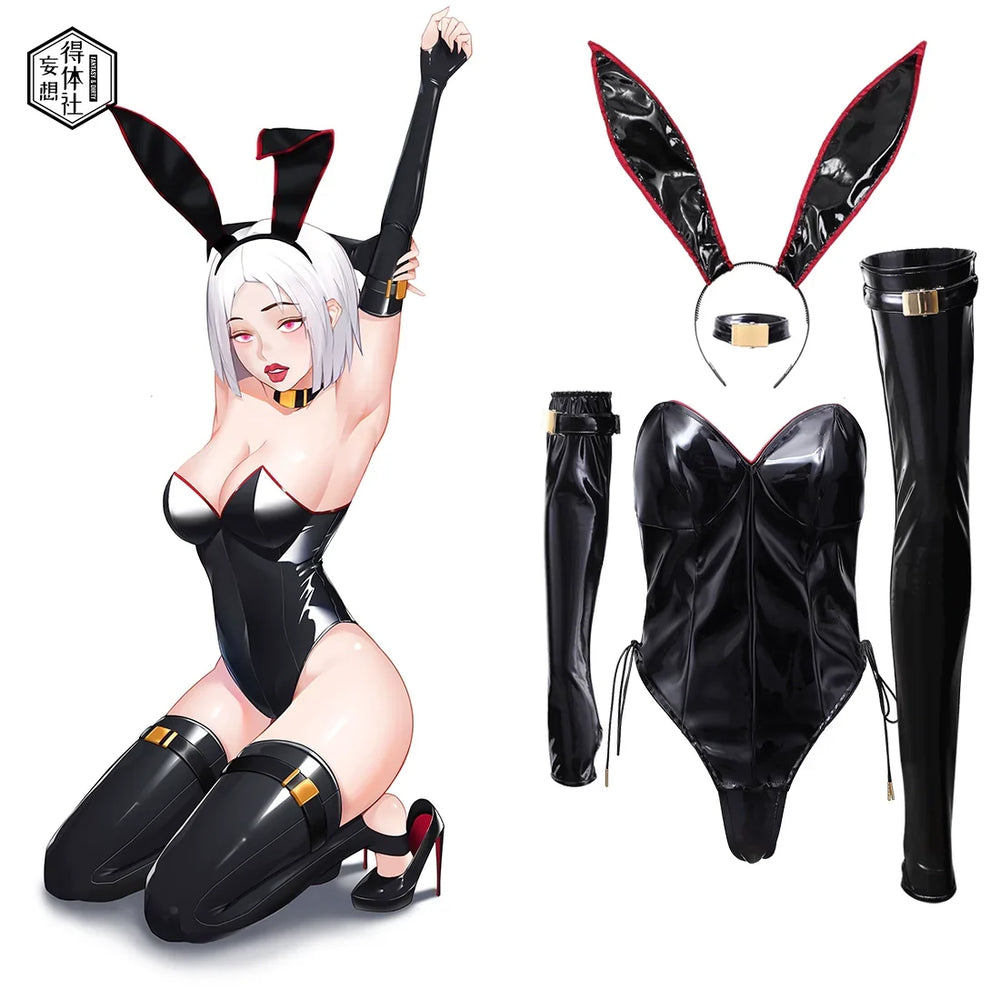 Costume de cosplay de Bunny Girl sans bretelles en similicuir, lingerie sexy à braguette ouverte