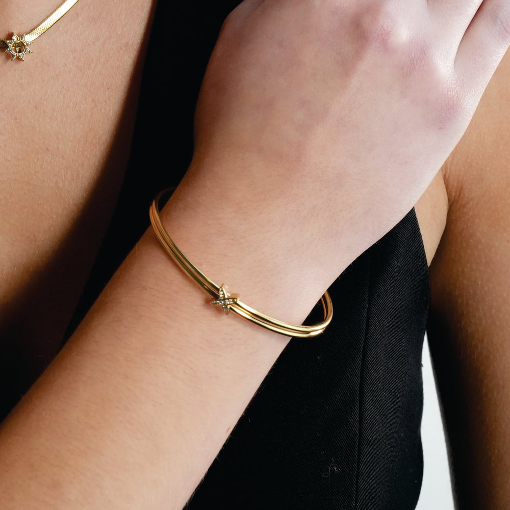 ODDASA Or : Bracelet jonc double élégant à entrelacs avec zircone pavée