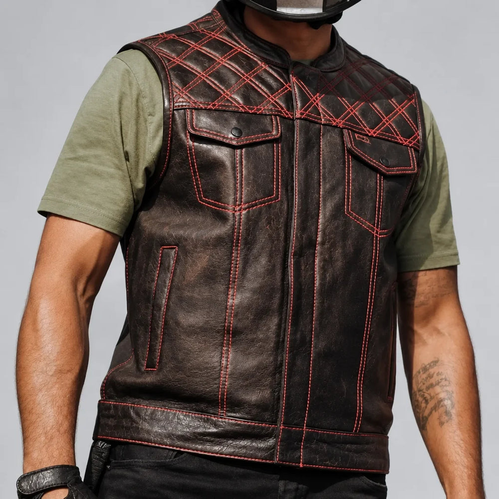 Gilet en cuir Upside pour hommes avec losanges cousus rouges