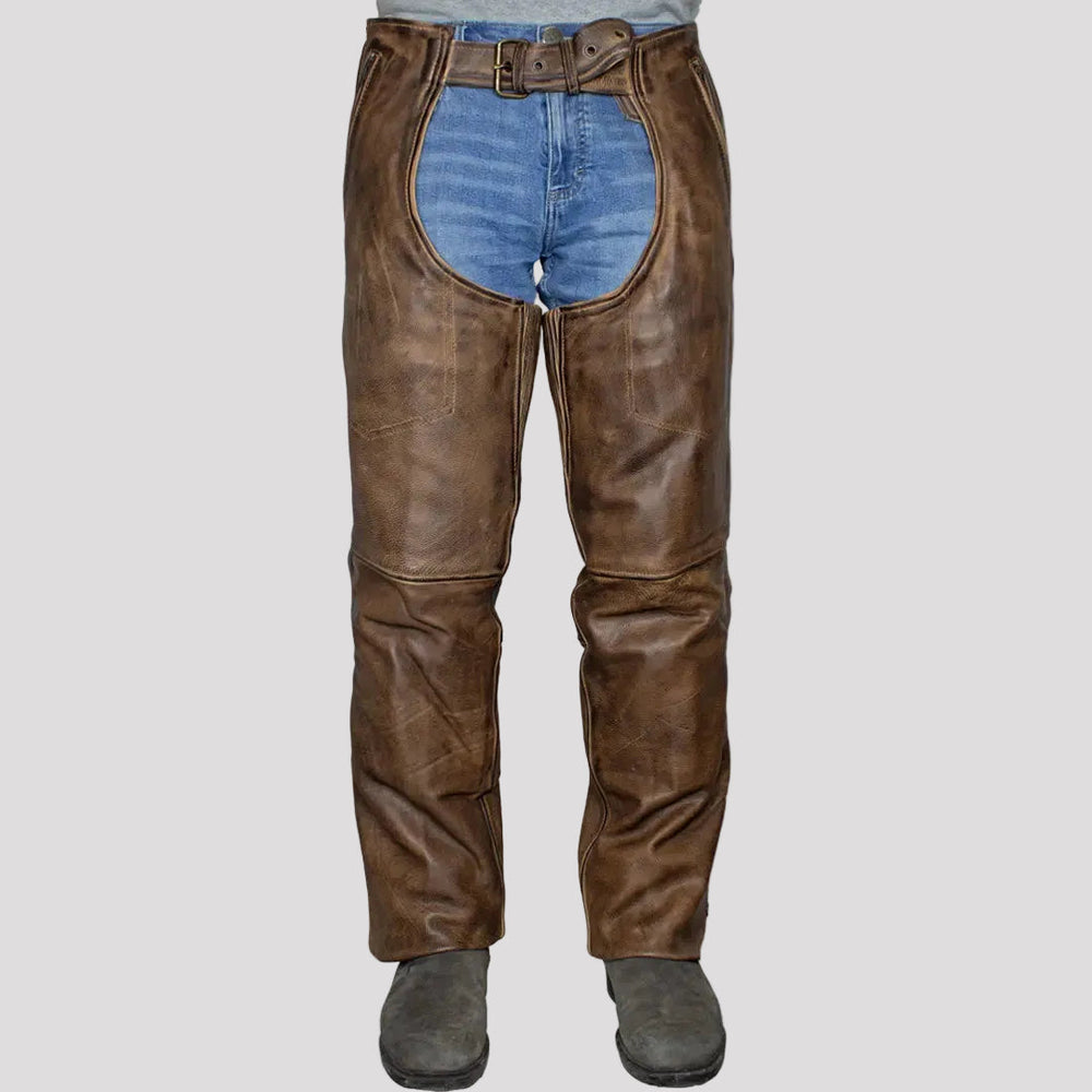 Chaps en cuir vintage brun pour hommes, 4 poches, qualité supérieure