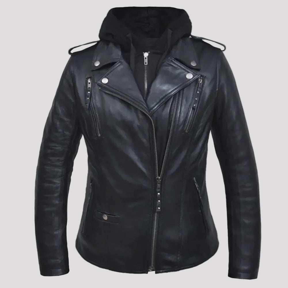 Veste de moto classique en cuir à capuchon pour femme, Route Ouverte