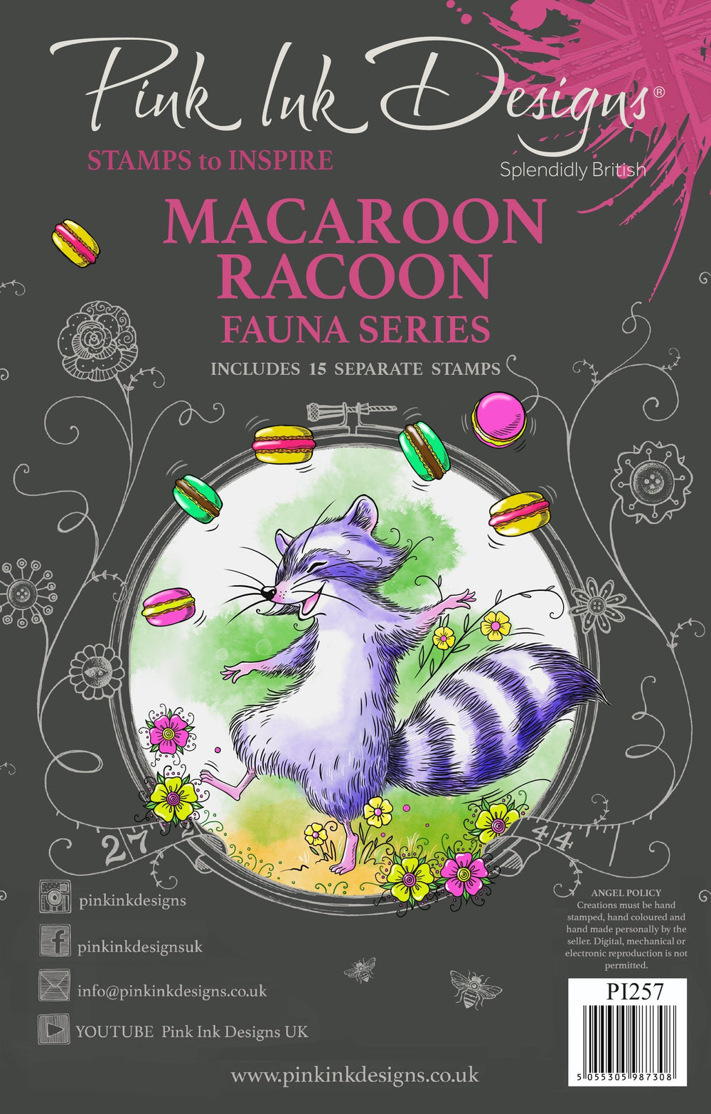 Pink Ink Designs Macaroon Racoon Jeu de tampons transparents 6 po x 8 po