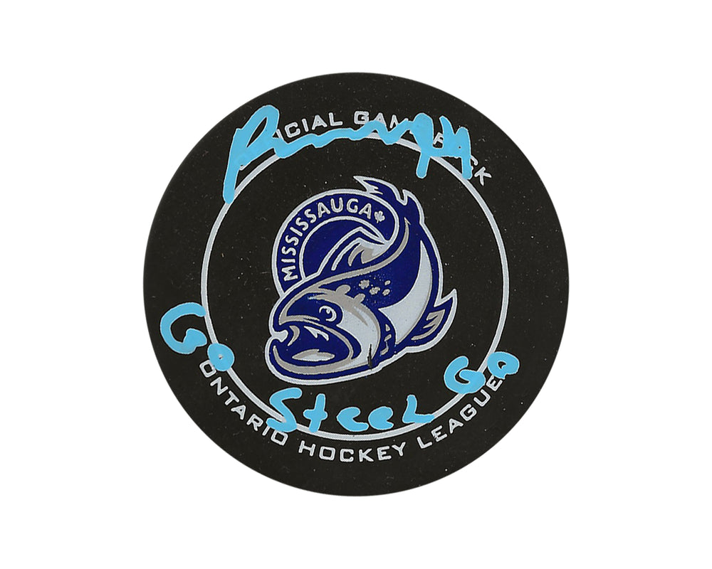 Porter Martone Palet de match officiel des Steelheads de Mississauga, autographié avec l'inscription "Go Steel Go"