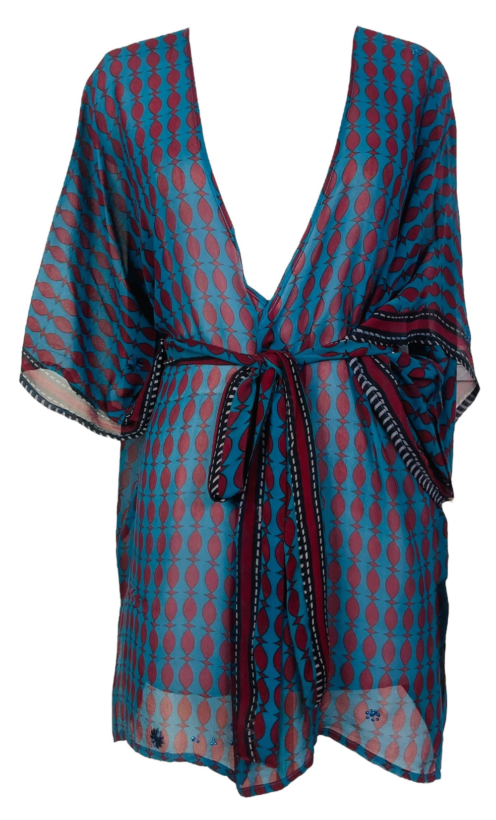 Veste PRG7494 à manches kimono en pure soie transparente avec ceinture