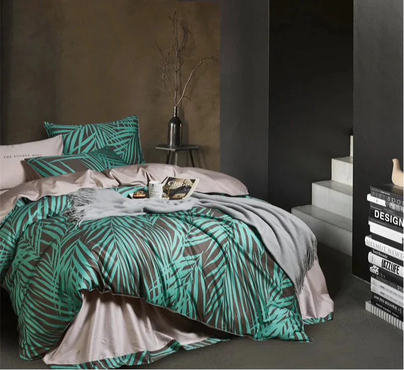 Ensemble de housse de couette en coton floral Eden 600 TC - Vert/Brun