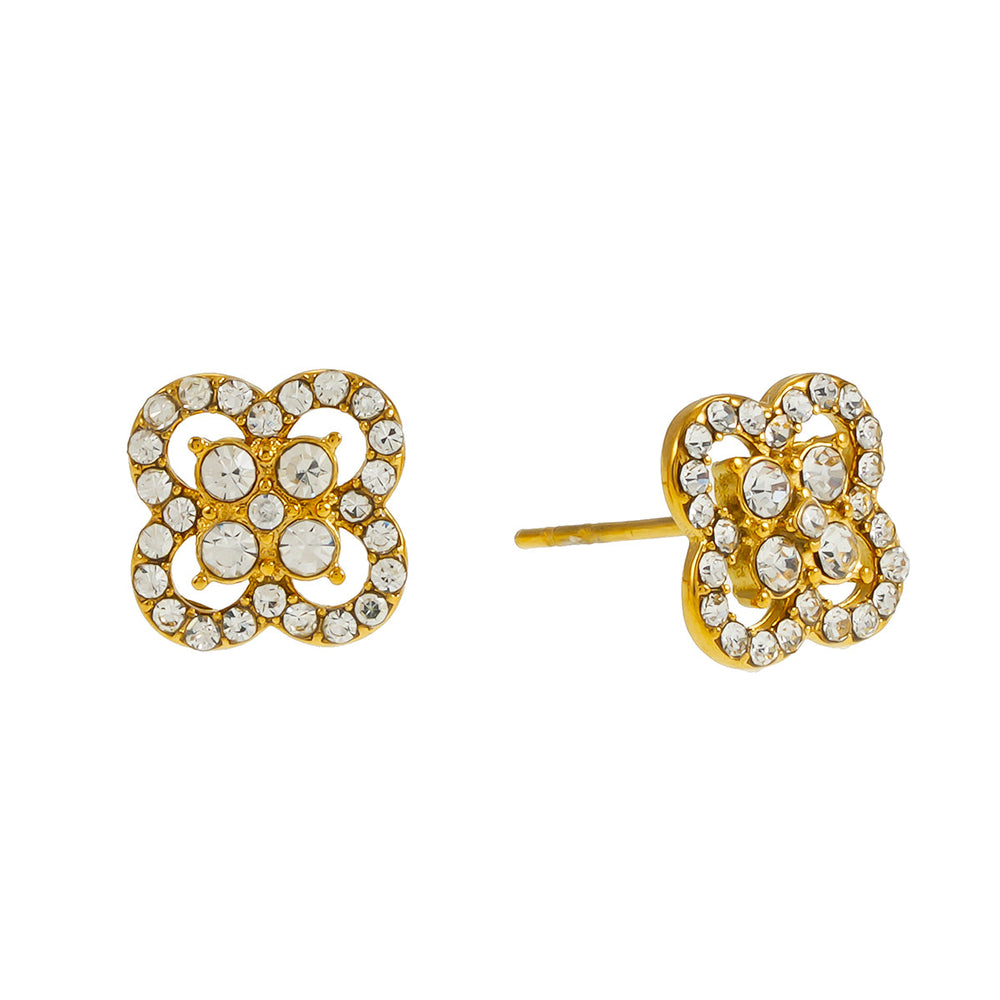 SANIBELL Or : Boucles d'oreilles à clous en zircon pavé en forme de trèfle