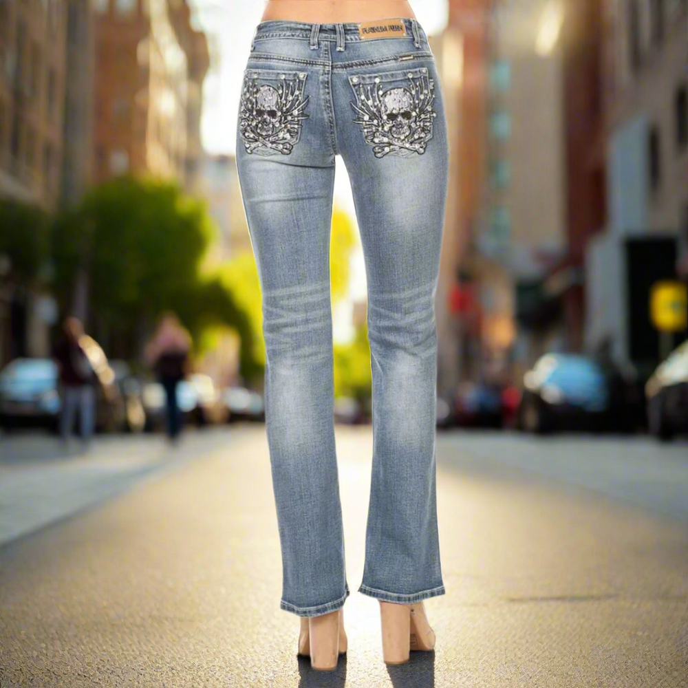 Jean bootcut Platinum Plush orné de strass Tête de mort