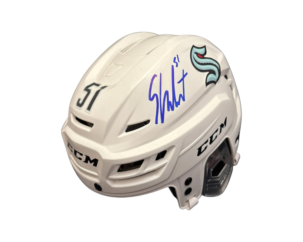 Casque réplique CCM blanc des Kraken de Seattle, autographié par Shane Wright