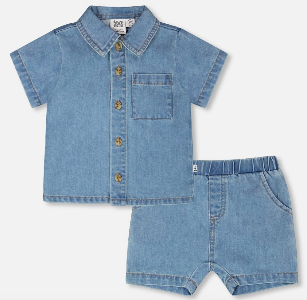 Short and Shirt Set | Light Blue Chambray | Deux Par Deux