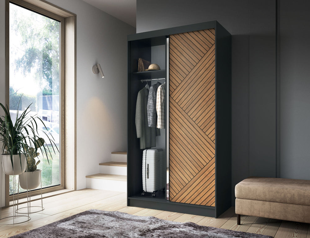 Marrphy Armoire autoportante à 2 portes coulissantes avec miroir - Noir/Chêne Caramel