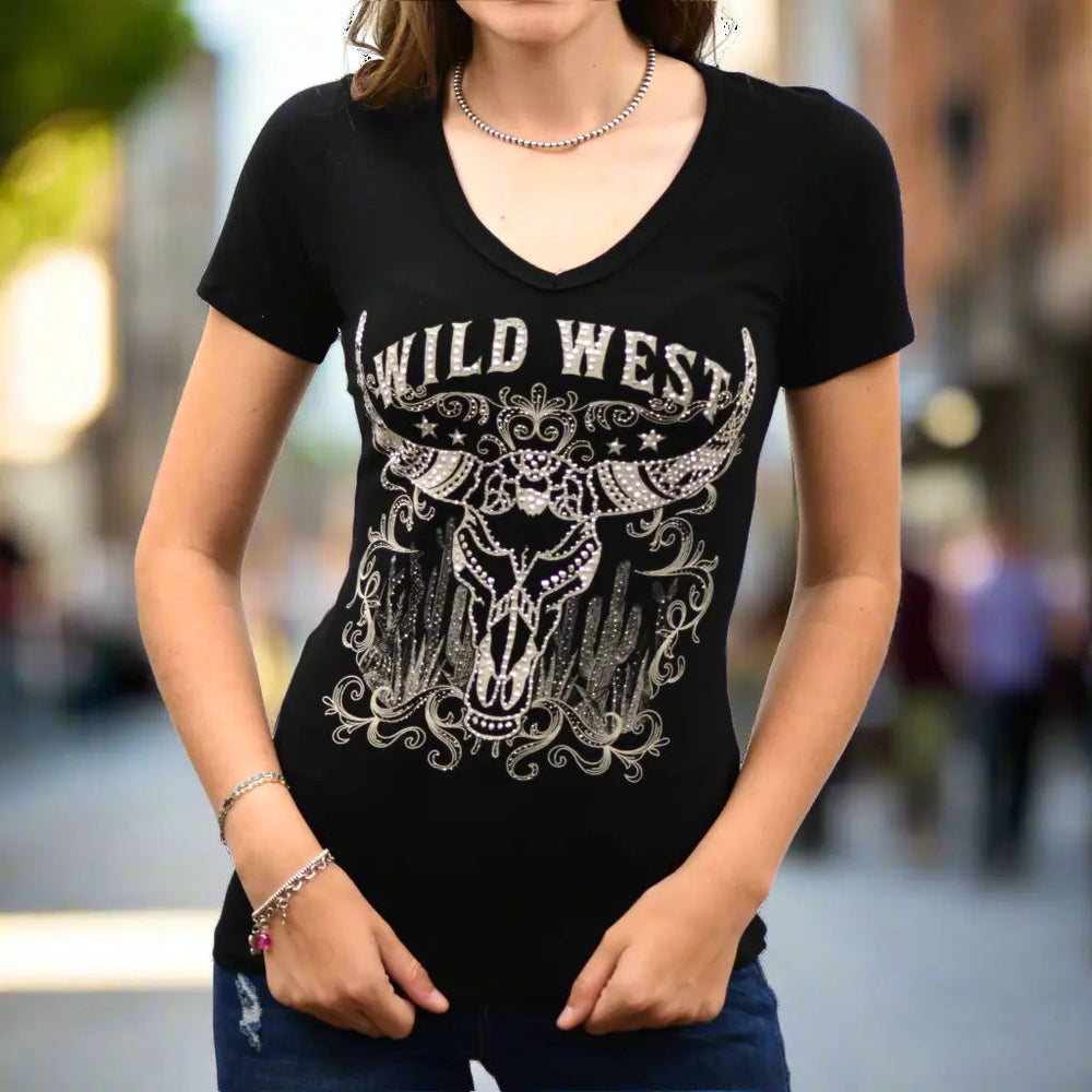 T-shirt à col en V Wild West avec tête de taureau et cactus