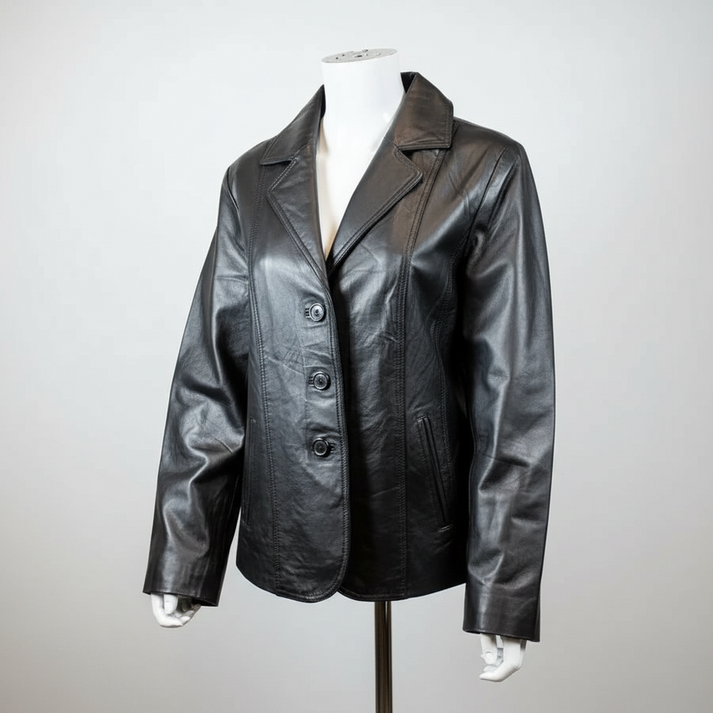 Veste en cuir surpiquée coupe blazer pour femme