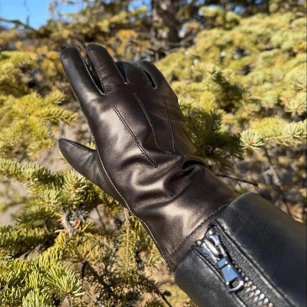 Gants en cuir d'agneau teint pour femme avec bordure en fourrure de lapin luxueuse