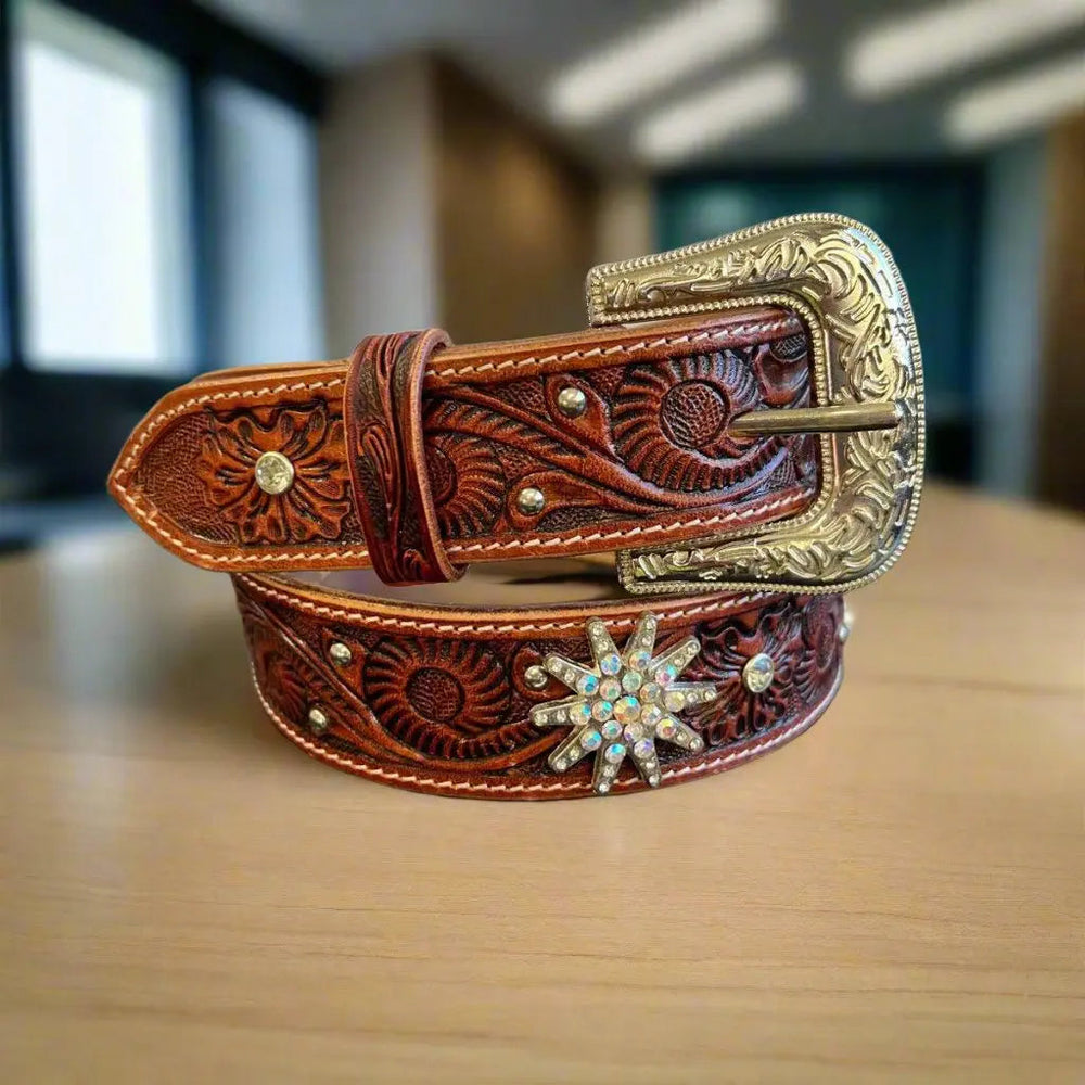 Ceinture de Rodéo en Cuir Gaufré pour Femme avec Étoiles Bling-Bling