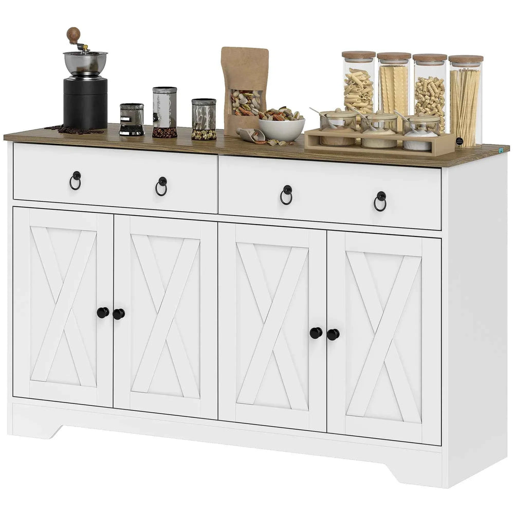 White Kitchen Sideboard Cabinet – 2 Drawers, 4 Barn Doors & Adjustable Shelves (United States & Canada Delivery Only)