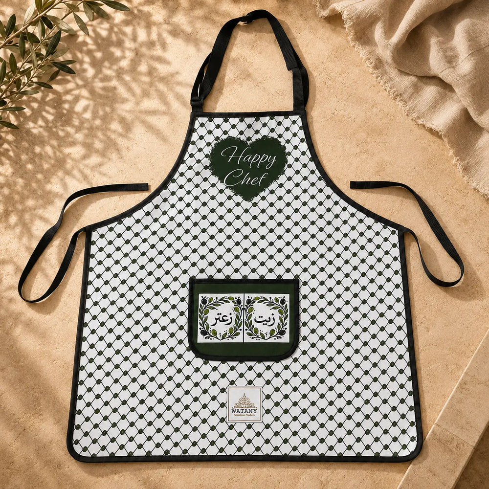 Palestinian Keffiyeh Happy Chef Apron – Olive Oil & Za'atar Pocket - Large