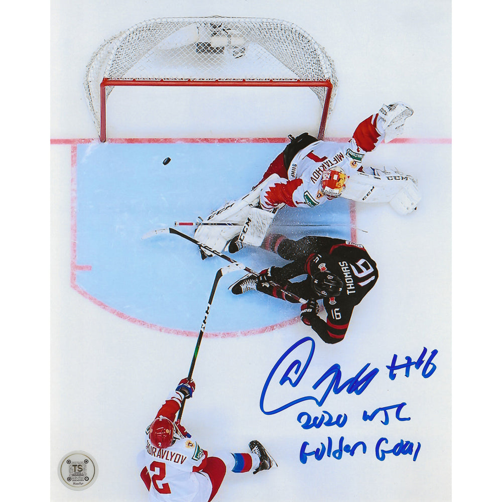 Photo 8x10 dédicacée Akil Thomas Équipe Canada Mondiaux juniors 2020 But en or Vue aérienne avec l'inscription « 2020 WJC Golden Goal »