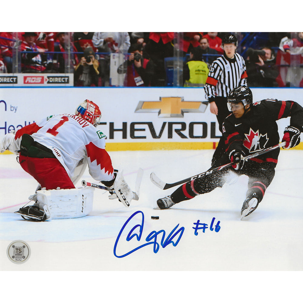 Photo 8x10 autographiée par Akil Thomas - But en or - Championnat du monde junior 2020 Équipe Canada
