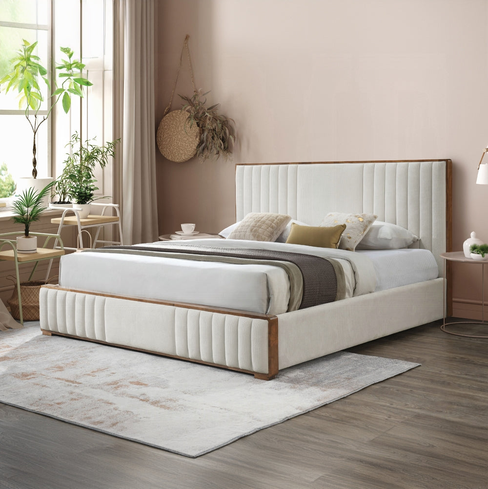 Lit plateforme rembourré Mahi - Beige/Noyer