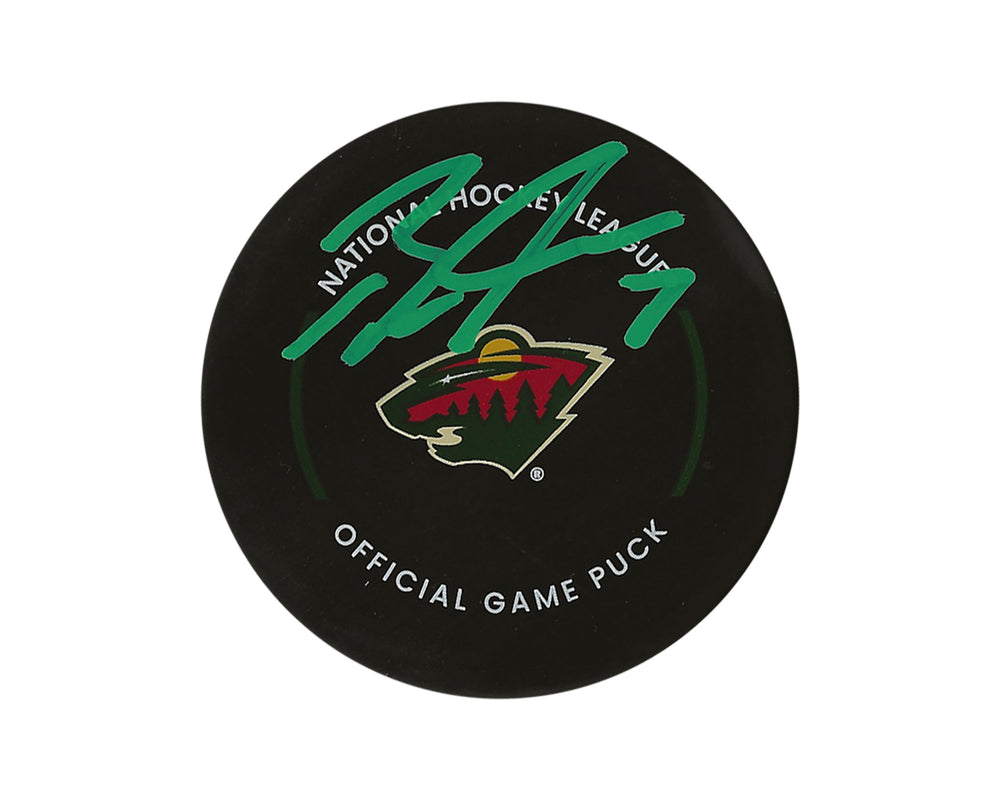 Palet officiel de match du Minnesota Wild, autographié par Brock Faber