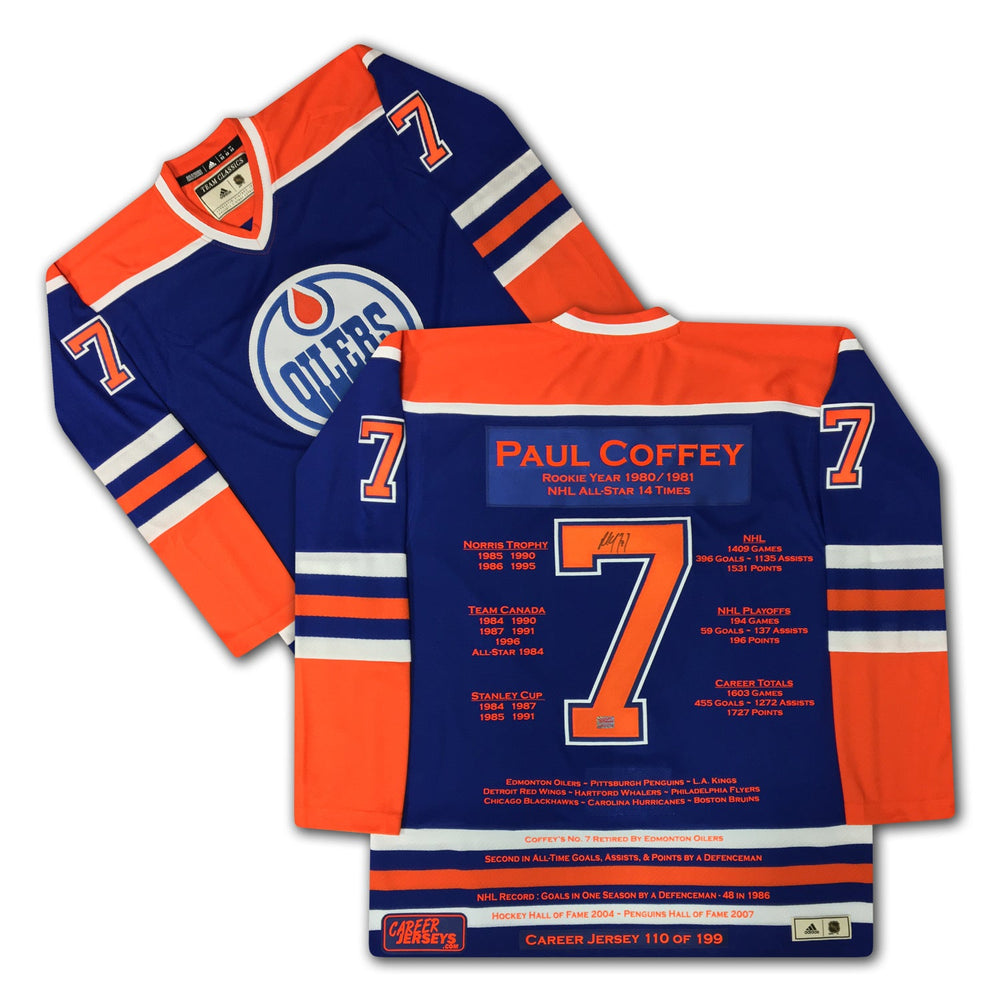 MAILLOT AUTOGRAPHIÉ DE PAUL COFFEY – EDMONTON OILERS – ÉDITION LIMITÉE /199 – OBJET DE COLLECTION LNH (GRANDEUR G OU XL)