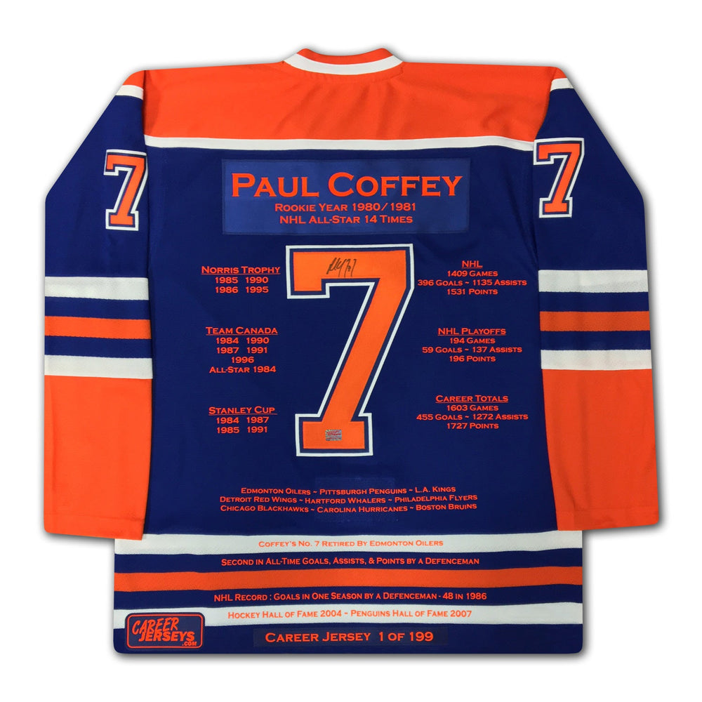 MAILLOT DE CARRIÈRE DE PAUL COFFEY N°1 SUR 199 AUTOGRAPHIÉ – ÉDITION LIMITÉE DE COLLECTION – ICÔNE DES EDMONTON OILERS (TAILLE L OU XL)