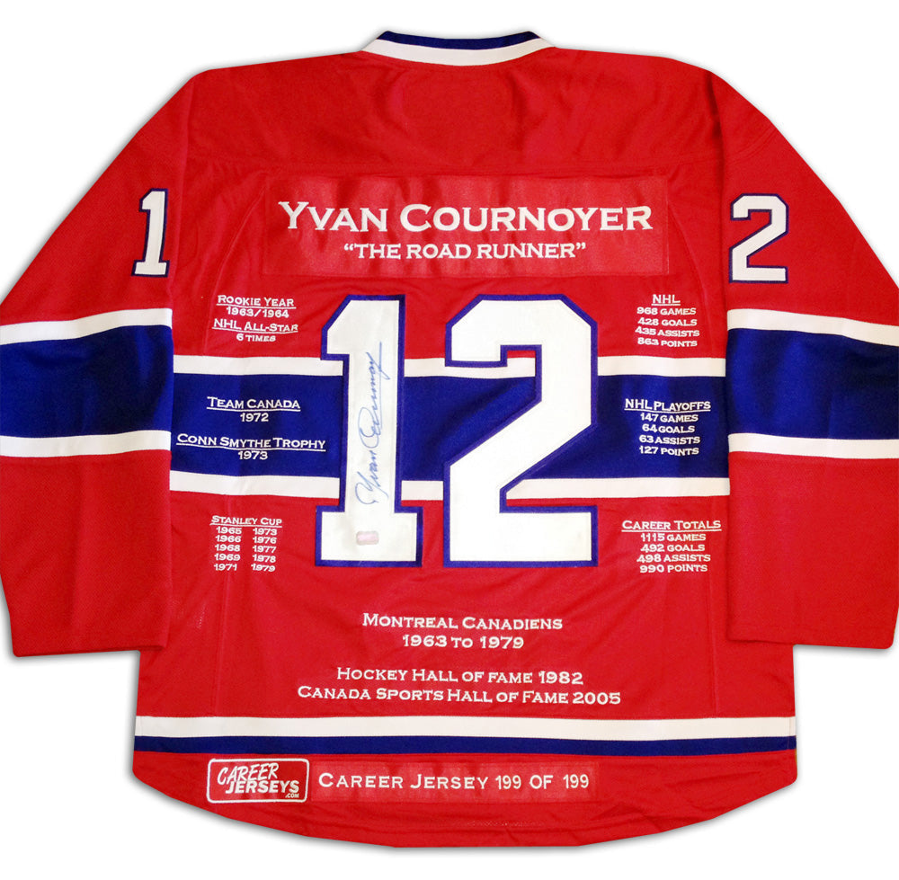 MAILLOT DE CARRIÈRE YVAN COURNOYER #199 SUR 199 - AUTOGRAPHIÉ - CANADIENS DE MONTRÉAL (TAILLE L OU XL) – OBJET DE COLLECTION DE HOCKEY NUMÉROTÉ DE QUALITÉ SUPÉRIEURE EN ÉDITION LIMITÉE – OBJET DE COLLECTION AUTOGRAPHIÉ AVEC CERTIFICAT D'AUTHENTICITÉ