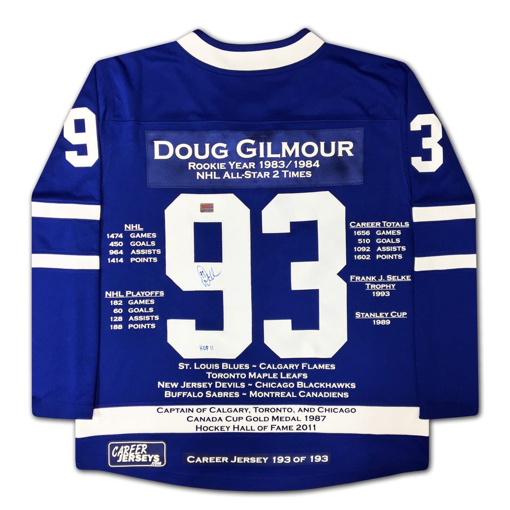 MAILLOT DE CARRIÈRE DOUG GILMOUR #193 SUR 193 (TAILLE L OU XL) – ÉDITION LIMITÉE AUTOGRAPHIÉE DES MAPLE LEAFS DE TORONTO (LNH)